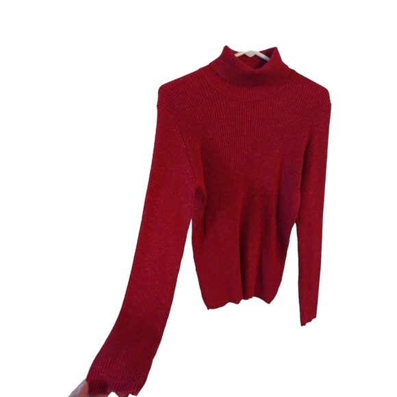 Red Shimmer Turtleneck Ribbed Basic Editions Long Slve Sweater Holiday Festive L - Picture 2 of 9